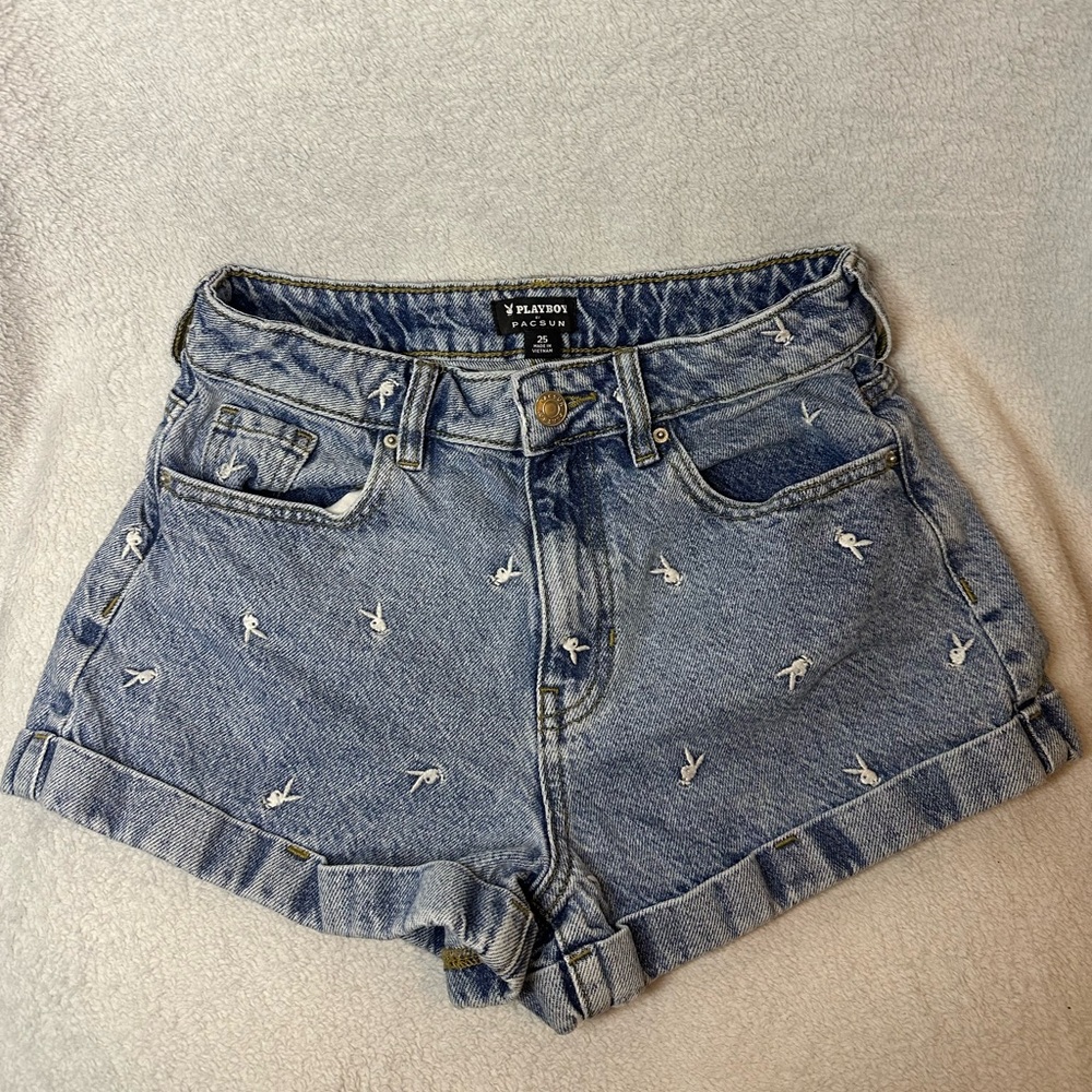 PacSun x Playboy Light Wash Denim Shorts with Bunny Embroidery
